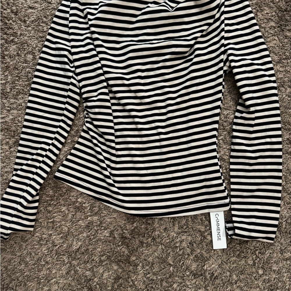 Commense Black and White Striped Long Sleeve Top